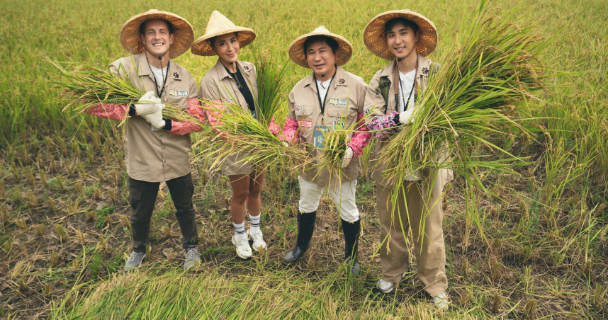 胡瓜、胡小禎、胡釋安和特派員賈斯汀體驗農家割稻。（圖／客台提供）