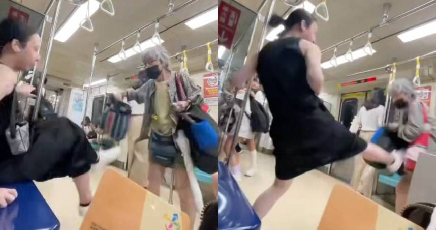 老婦在捷運上逼一名年輕男子讓座還動手，遭到對方踹飛。（圖／翻攝自Threads＠queen7_910）