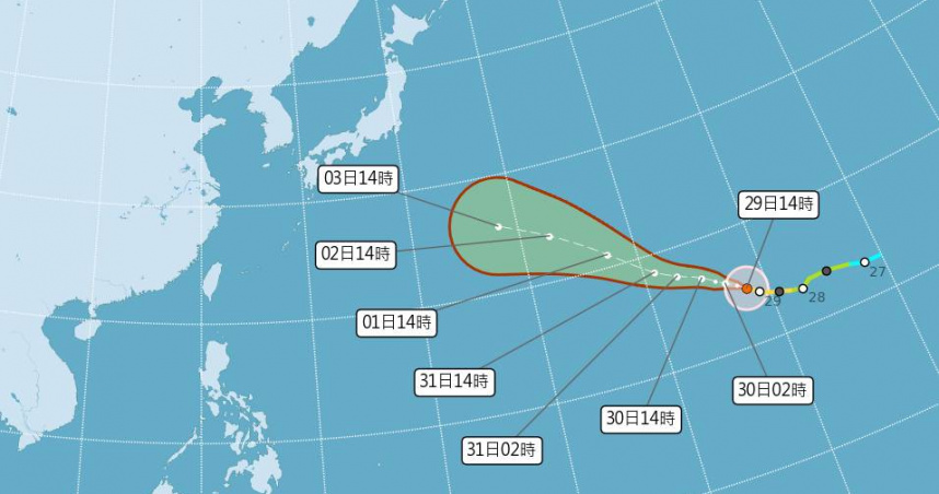 中度颱風「白海豚」持續增強。（圖／氣象署）