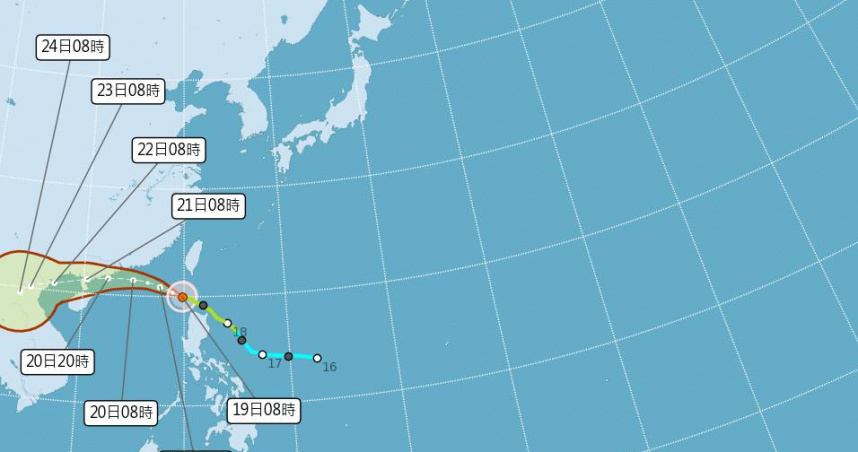 位於巴士海峽的第6號颱風「薇帕」已逐漸遠離台灣。（圖／氣象署）