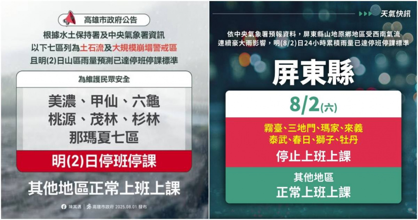 稍早，高雄市政府、屏東縣政府發布公告，宣布部分行政區預測雨量已達「水災」標準，明日停止上班上課。(圖／翻攝FB／高雄市政府、i屏東～愛屏東）
