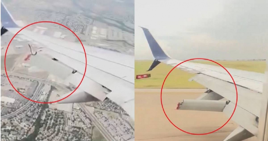 美國達美航空一架波音737客機當地時間19日由奧蘭多飛往德州奧斯汀，飛行途中左側襟翼突然脫落，驚險場面嚇壞機上62名乘客，所幸安全降落。（圖／翻攝自X／DavidLe76335983、翻攝自X／Turbinetraveler）