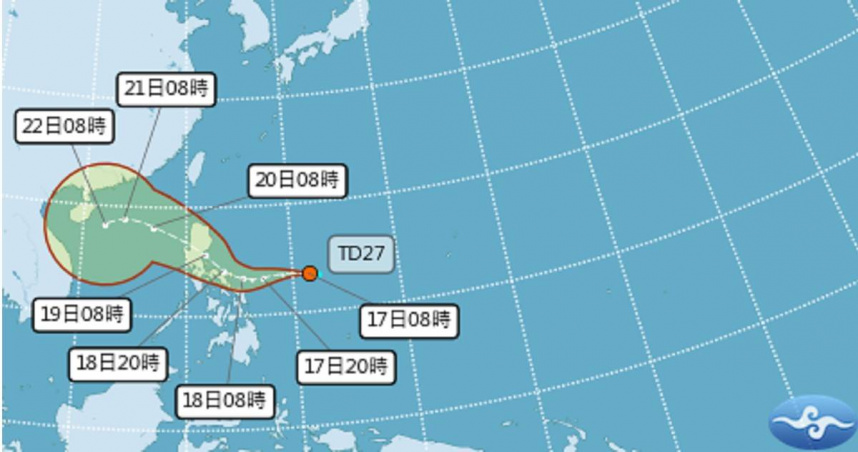 位於菲律賓東方海面的熱帶性低氣壓將在週日前後生成颱風「風神」。（圖／翻攝自氣象署）