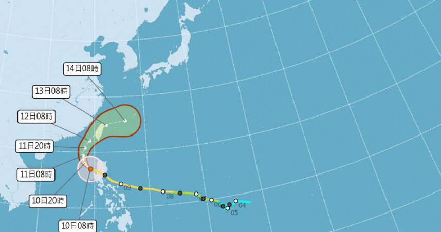 第26號颱風「鳳凰」今天（10日）上午8時位於鵝鑾鼻南南西方570公里處。（圖／氣象署）