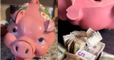 美國德州一名女子卡翠娜去二手店尋寶，買了一個醜醜的粉紅豬撲滿，裡面竟有2028美元（約新台幣6.5萬元）現金，讓她真的「尋寶成功」。（圖／翻攝自TikTok／miles8katrina）