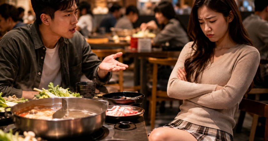 男友認為穿裙子吃火鍋「太露」，但到了酒吧卻可以接受，讓女子難以理解其中標準。（示意圖／AI生成）