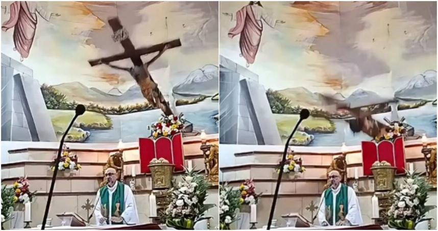厄瓜多1名天主教神父桑切斯（Patricio Sanchez）於17日主持彌撒期間，遭祭壇上方1座從牆面突然脫落的沉重木製十字架砸中頭部。（圖／翻攝自Facebook／ Only in America）