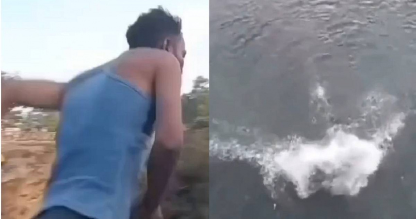 印度一名25歲男子辛格（Rahul Singh）為了在社群發布吸引流量的影片，挑戰從15公尺高的瀑布跳下。（圖／翻攝自X）