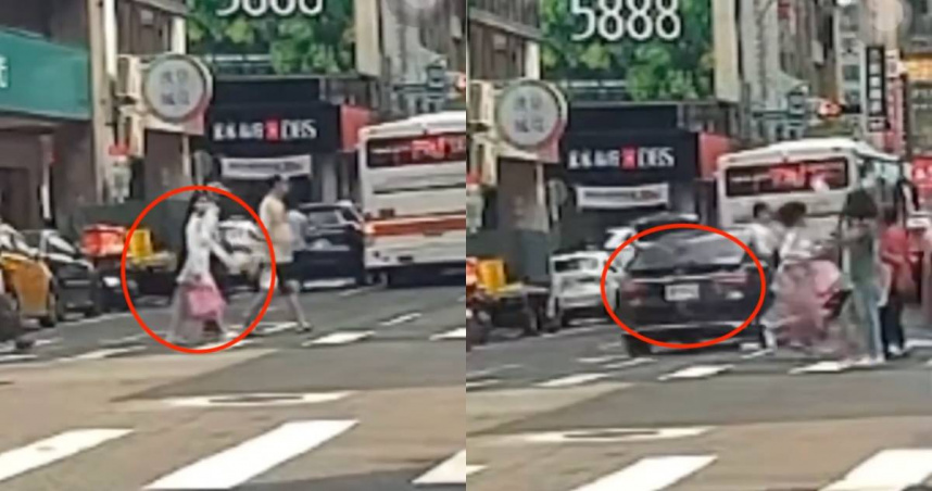 台北市重慶南路昨日下午發生78歲老翁開車暴衝，一名行人過馬路時邊查看車況，所幸逃過一劫。（圖／Threads／@tin_0614）
