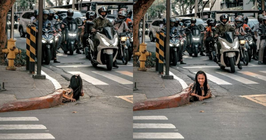 菲律賓街頭有位長髮女子從路邊排水孔爬出。（圖／翻攝自Instagram／iammrthirty）