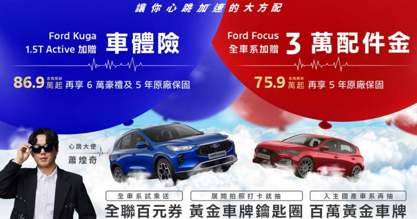 Ford推出讓人心跳加速的「大方配」購車方案！自2025年8月1日起至8月31日止，至全台Ford展示中心試駕任一車款，即可獲得全聯百元購物金，展示間拍照打卡上傳Ford(TW)官方臉書粉絲團指定貼文可享限量黃金車牌鑰匙圈抽獎資格；凡入主國產車系，再享百萬黃金車牌抽獎機會！（圖片提供／Ford）