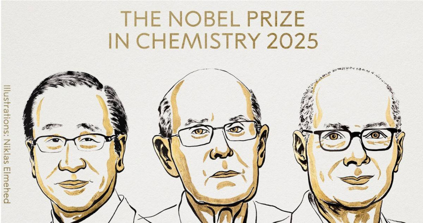 2025年諾貝爾化學獎由北川進、理查．羅布森與歐瑪．雅吉（左至右）共同獲得，表彰其在金屬有機骨架材料的突破性研究成果。（圖／翻攝自X ，@NobelPrize）