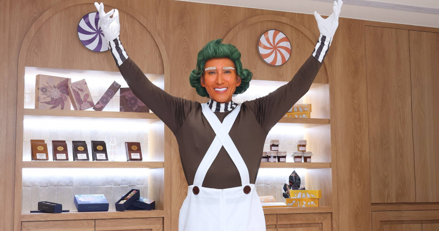 潘若迪出席巧克力專賣店記者會，特別裝扮成《巧克力冒險工廠》歐帕倫普人。（圖／楊澍攝）