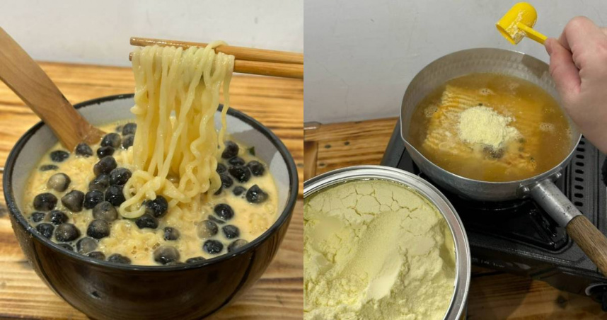 一名網友近日在網路上發文，自己在家實測麵裡加珍奶，結果湯頭喝起來真的非常濃郁。（圖／Facebook／Costco好市多 商品經驗老實說）