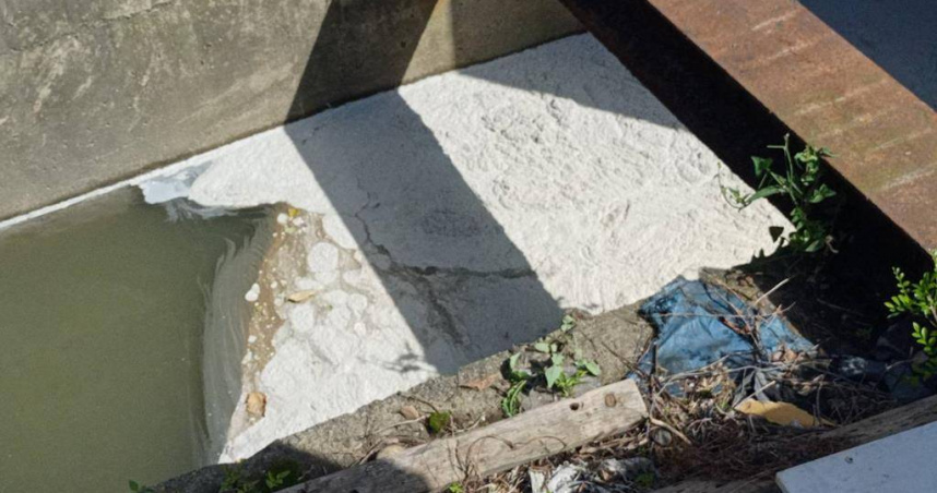 環保局稽查員在廠區外溝渠查獲為靜電粉體塗裝用之塗料，未妥善收集且流入廠房後方大甲九圳。（圖／新北市環保局）