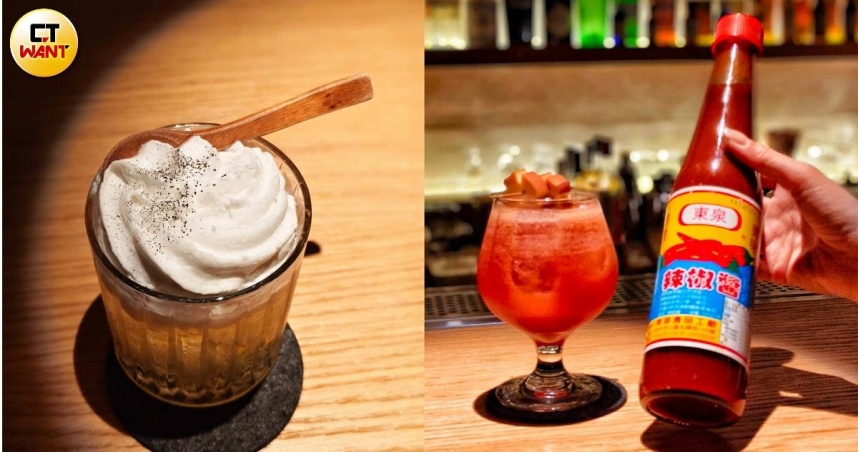 以蘭姆酒為基底的「雲朵 Colada」口感綿密滑順（左），添加東泉辣椒醬的「台中瑪麗亞」讓人聯想到西班牙番茄冷湯。（各380元，圖／魏妤靜攝）