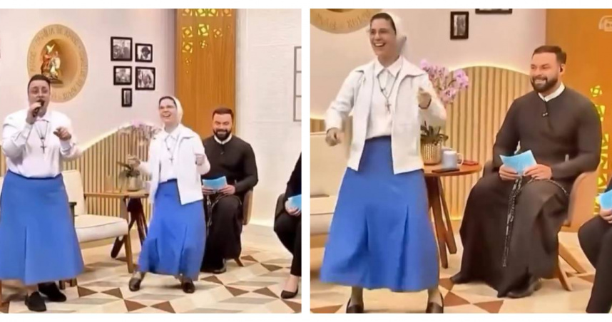 瑪莉瑟莉修女（中）在節目中打出節奏感十足的Beatbox，神父也熱血加入舞蹈。（圖／翻攝自臉書）