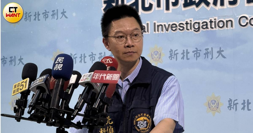 女星劉香君老公李能謙捲入假投資詐騙，由新北市刑大科偵隊長林敬隆對外說明。（圖／沈建邦攝）