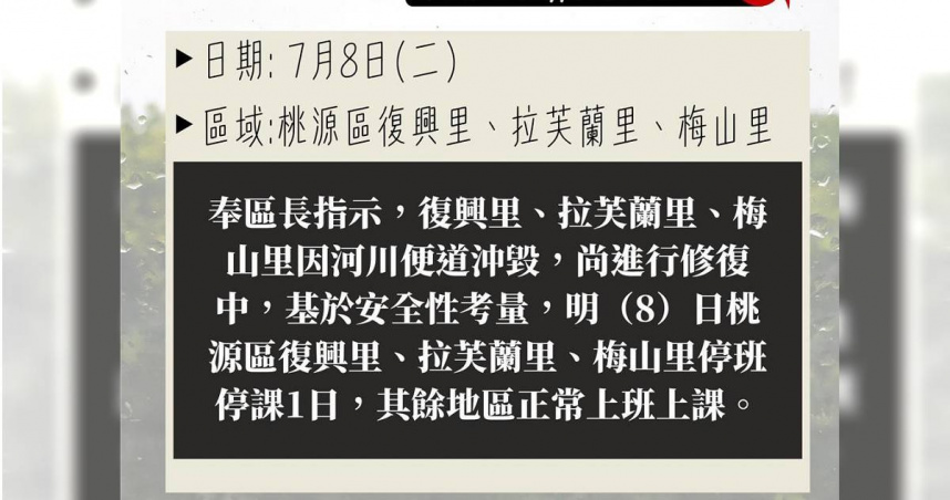 桃源區公所指出，復興里、拉芙蘭里、梅山里因河川便道沖毀，尚進行修復中，基於安全性考量，明（8）日桃源區復興里、拉芙蘭里、梅山里停班停課1日，其餘地區正常上班上課。（圖／摘自桃源區公所臉書）