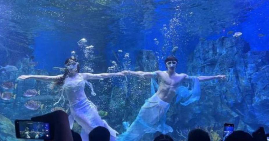 大陸湖北省武漢市銷品茂海洋館內近日人潮擁擠，眾多遊客為一睹「男美人魚」風采。（圖／翻攝自微博）