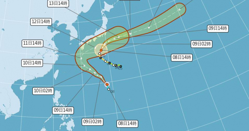今天下午生成的「娜克莉」，未來路徑跟哈隆類似，預估朝西北方往日本南方海面前進。（圖／氣象署）