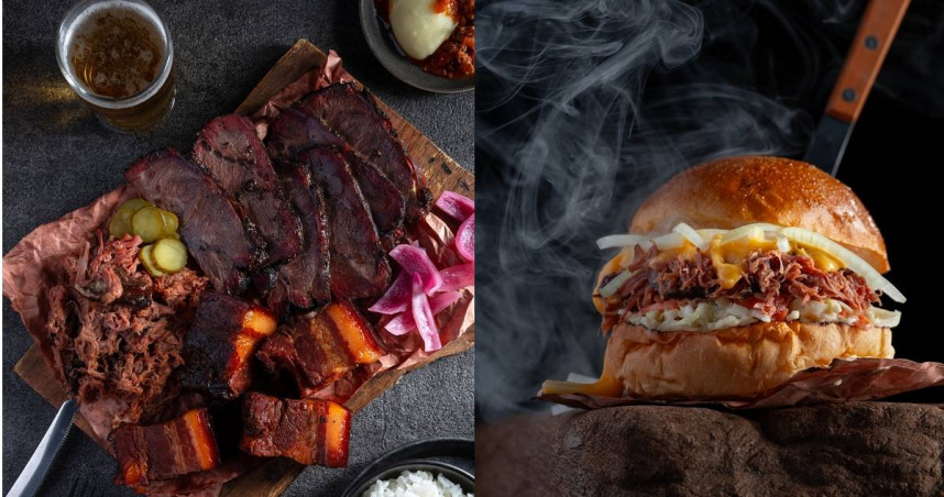 bark.Q黑皮德州煙燻燒烤首間門市插旗台中洲際棒球場，推出限定餐點「bark.Q肉盤」（左，550元／小份、800元／大份）、「手撕豬肉漢堡」。（270元，圖／bark.Q提供）