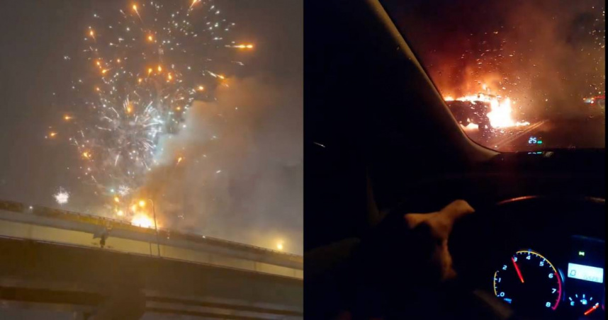 五楊高架昨日發生火燒車，剛好事故車輛上有煙火。（圖／翻攝Threads／＠sansan6966）