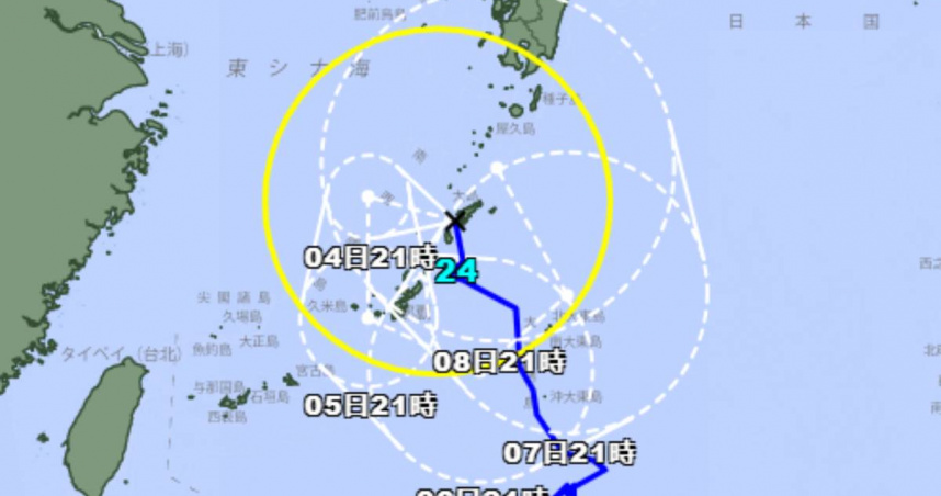 日本氣象廳指出，第23號輕度颱風科羅旺可能會在沖繩周邊海域來回滯留。（圖／日本氣象廳）