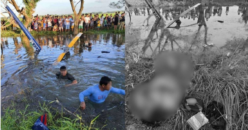 菲律賓一架民用直升機墜毀沼澤地，女駕駛員不幸喪命。（圖／翻攝自臉書／GMA News）