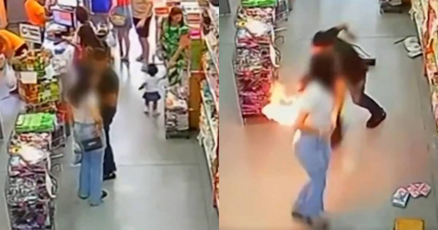 巴西戈亞斯州（Goiás）一名女子近日在當地超市購物時，放在牛仔褲口袋內的手機突然爆炸，導致她整個屁股瞬間起火。（圖／X／@meganoticiascl）