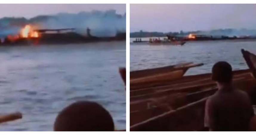 剛果民主共和國傳出有艘載著約500名乘客的木船鯨船起火後翻覆。（圖／翻攝自X）