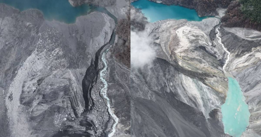 馬太鞍溪堰塞湖區下方約800公尺處右岸邊坡再度滑動，造成河道阻塞，形成新的堰塞湖體。（圖／林業及自然保育署花蓮分署提供）