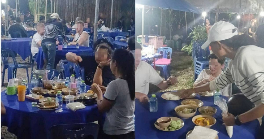 有外國觀光客到泰國旅遊發生誤會，把靈堂以為是餐廳坐下想點菜。（圖／翻攝自臉書／Charantorn Chaloemkiad）