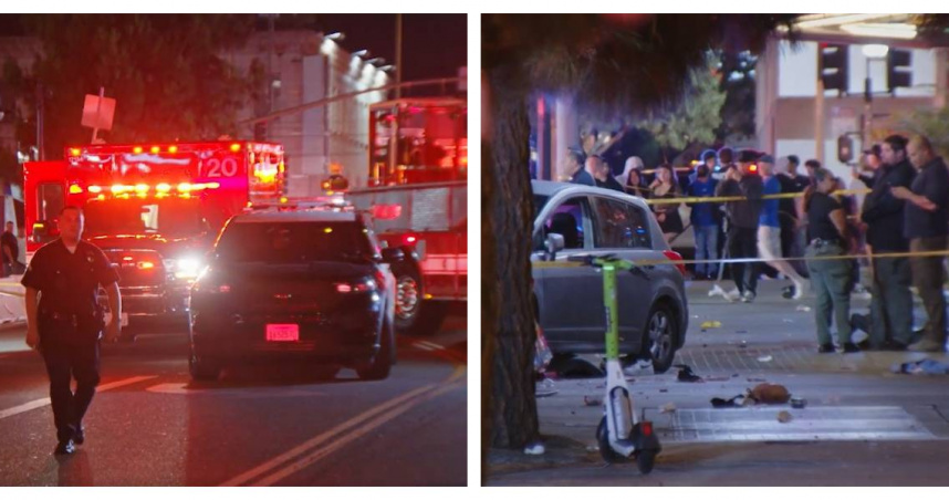 洛杉磯東好萊塢夜店外，一輛灰色轎車失控衝上人行道，撞進人群，現場一片混亂。（圖／翻攝自X）