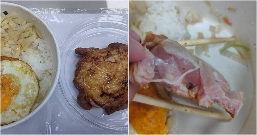 近日有網友指控，妻子在板橋英士路上某間腿庫飯店買了雞腿排便當，告訴他「吃起來軟軟的、怪怪的」，剝開雞皮才發現雞腿的肉甚至還是生透的粉紅色。（圖／翻攝FB／爆料公社公開版）