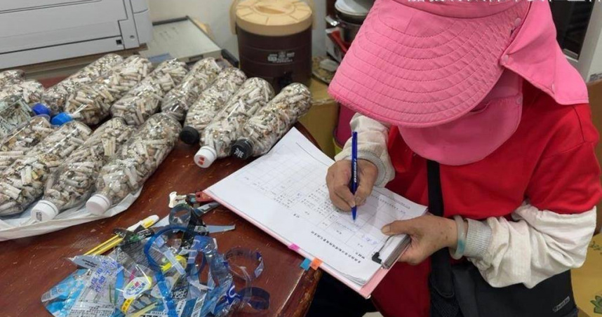 嘉義縣推集滿1瓶保特瓶菸蒂兌換現金，資收婦人靠撿菸蒂增加外快。（圖／嘉縣環保局提供真）