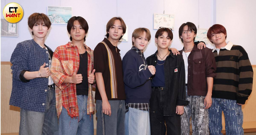 七五三掛龍也（左起）、松田元太、中村海人、松倉海斗、宮近海斗、川島如惠留、吉澤閑也接受媒體訪問。（圖／楊澍攝）