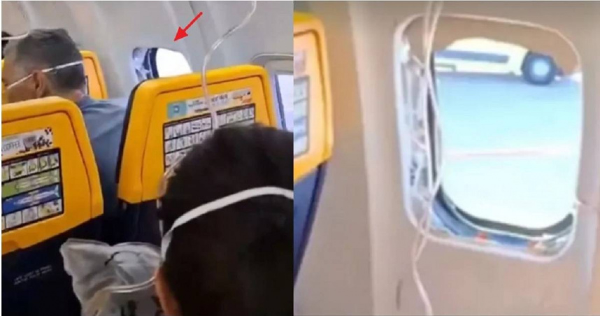 歐洲廉航瑞安航空（Ryanair）今（10）日發生空中驚魂事件，飛行途中，機艙內一個座位旁的窗戶突然破裂，一名男乘客的頭被吸出窗外，多虧他身體卡住以及妻子緊緊抓住他，才逃過死劫。（圖／翻攝自X／aviationbrk）