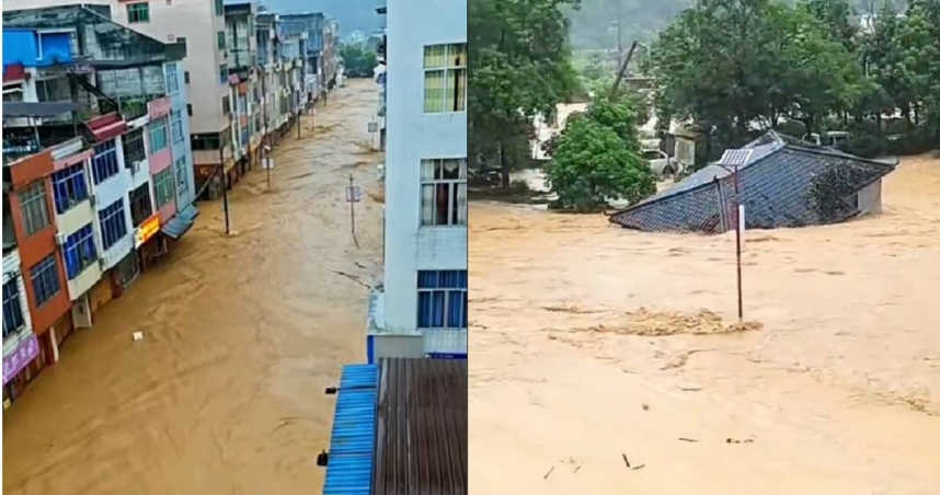 大陸廣西因颱風暴雨多個地區水庫潰壩，其中橫州一處養殖場有逾900條蛇因洪水逃出，引發在地民眾恐慌，更傳出有人被咬傷送醫。（圖／翻攝自微博／娛樂小福星）