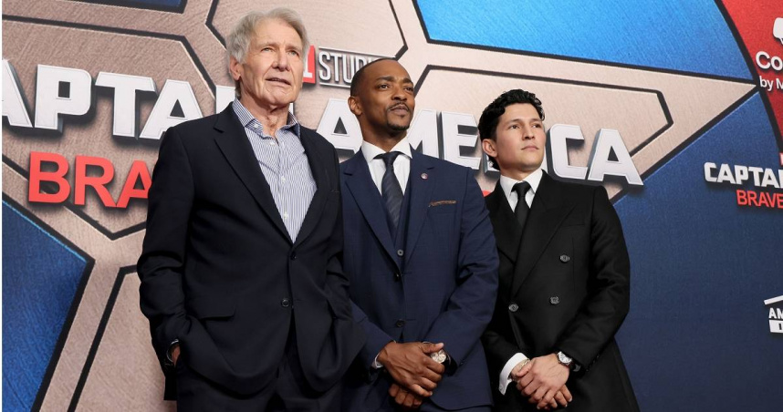 《美國隊長：無畏新世界》世界首映會，哈里遜福特 （左起）、安東尼麥基、丹尼拉米瑞茲。（圖／漫威影業提供）