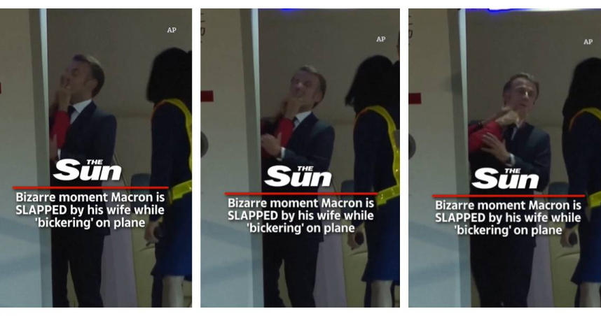 法國總統馬克宏與妻子布麗吉特近日前往越南展開東南亞訪問行程，卻因一段「總統遭妻手推臉」的影片意外成為網路焦點。（圖／翻攝自Ｘ）