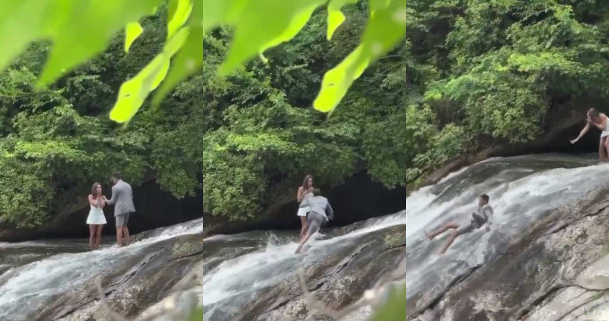 一名男子在瀑布頂端向女友求婚，卻不小心打滑跌進水中，還遭湍急水流沖走。（圖／翻攝自X／@MarchUnofficial）