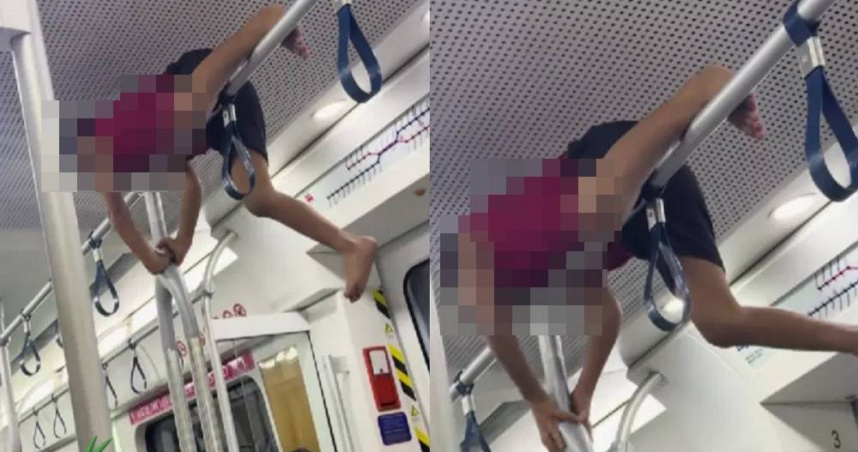 馬來西亞日前有網友公布搭火車看到的誇張畫面，一名男童竟爬到吊桿上，有疑似家長的男子零作為，乘客勸阻也沒用，掀起網友熱議。（圖／翻攝自TikTok）