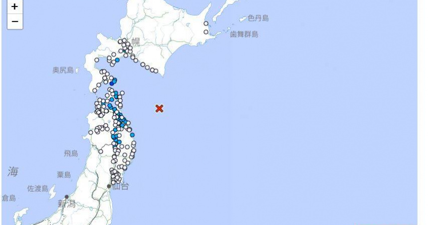 日本青森縣東方海域於當地時間今天（16日）下午2時38分發生芮氏規模5.2地震。（圖／翻攝自日本氣象廳）