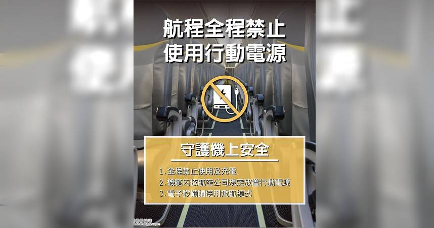桃園機場提醒旅客，行動電源禁止託運須隨身攜帶上飛機，航程中全面禁止使用行動電源及充電，機艙內須依規定妥善放置。（圖／桃機公司提供）