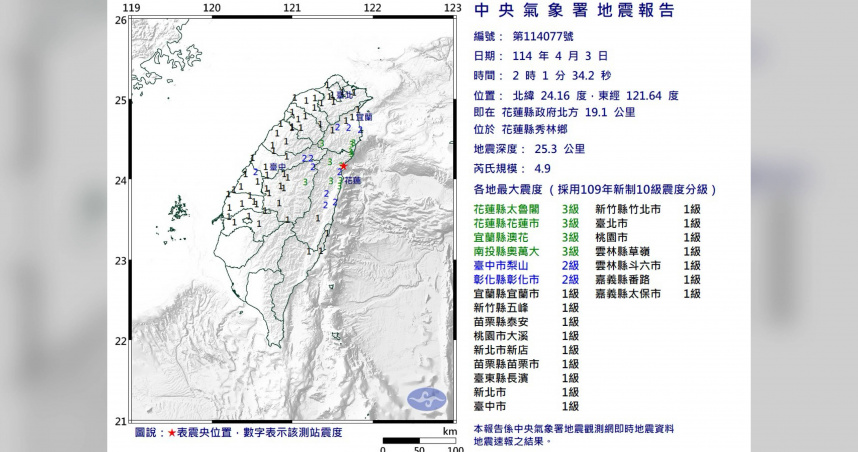 花蓮今凌晨2點發生芮氏規模4.9地震。（圖／中央氣象署）