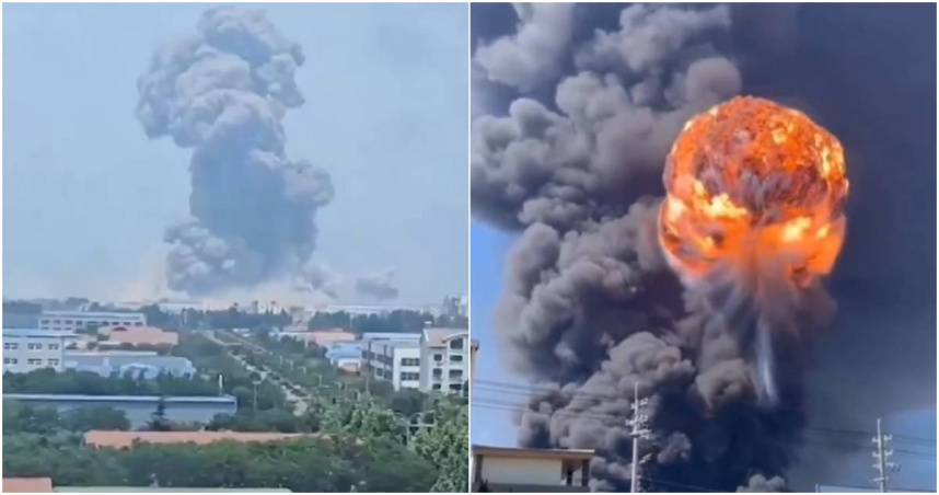 中國山東省高密市昨（27日）驚傳嚴重工安意外，一家化工廠發生大爆炸，團團濃煙直竄天際，該起事故也造成5死19傷的悲劇。（圖／擷取自X）