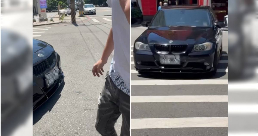 1名BMW駕駛違停在斑馬線遭熱心路人規勸，沒想到竟遭其作勢衝撞。（圖／翻攝畫面）