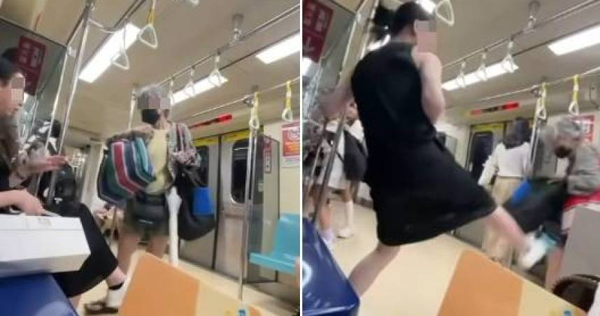 長髮男坐在博愛座上，被婦人驅趕要求讓座後，出腳怒踹對方。（圖／翻攝自記者爆料網）