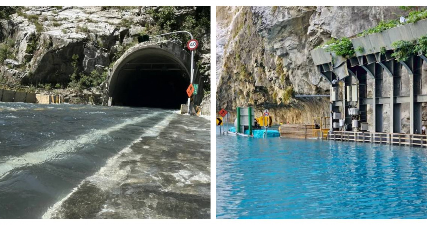 靳珩隧道西口目前幾近滅頂，湖水湧入隧道後流向下游，現場猶如水道般驚人。（圖／太魯閣國家公園管理處提供）